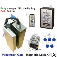pedestrian security gate magnetic lock kit.  entry via keypad / proximity tag, exit via proximity tag.
