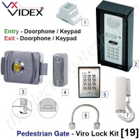 pedestrian security gate electric lock kit.  entry via doorphone release / keypad, exit via doorphone release / internal keypad.